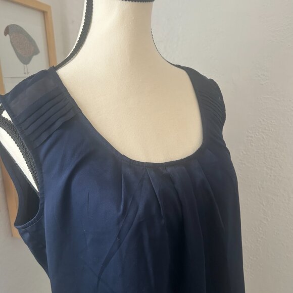 ESPRIT Navy Blue Satin Sleeveless Top Scoop Neck Rushing & Shoulder Detail Large - Picture 2 of 11